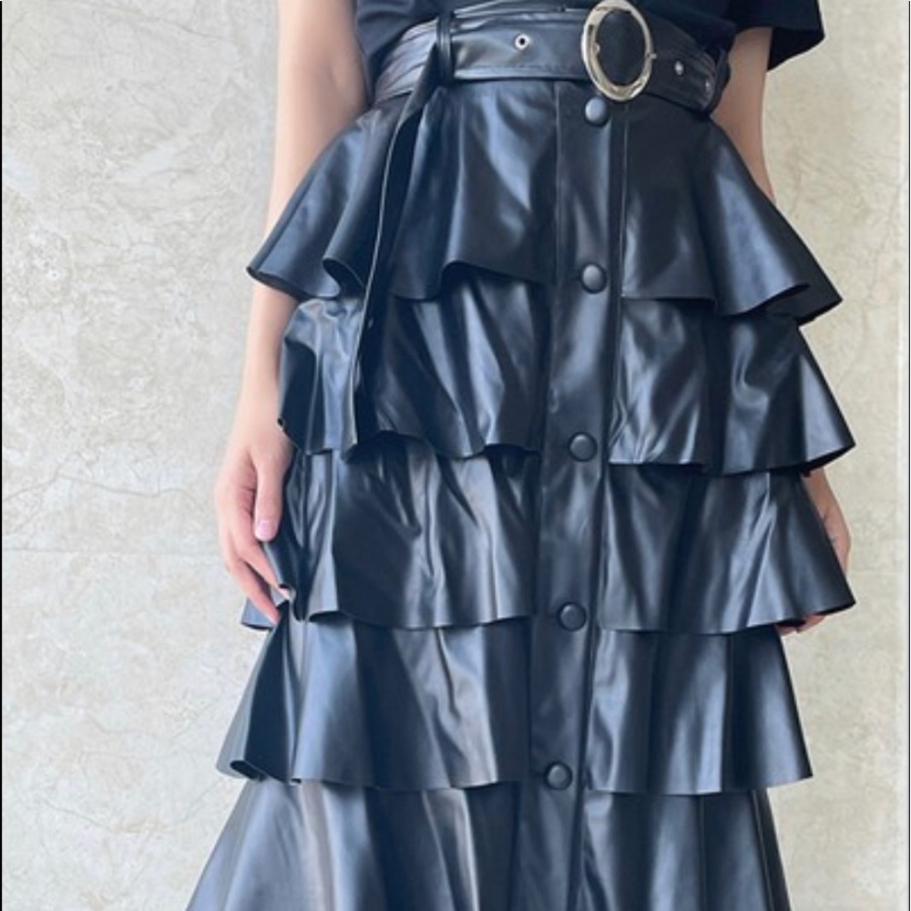 Black vegan leather layered maxi skirt button front with belt sizes S to Large